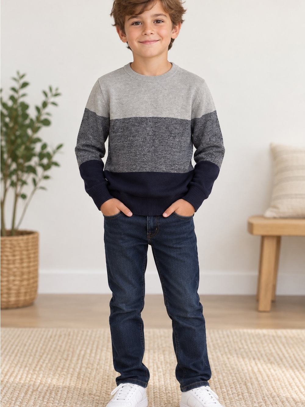 Children’s Place boys Colorblock Crewneck Sweater - Gray & Navy